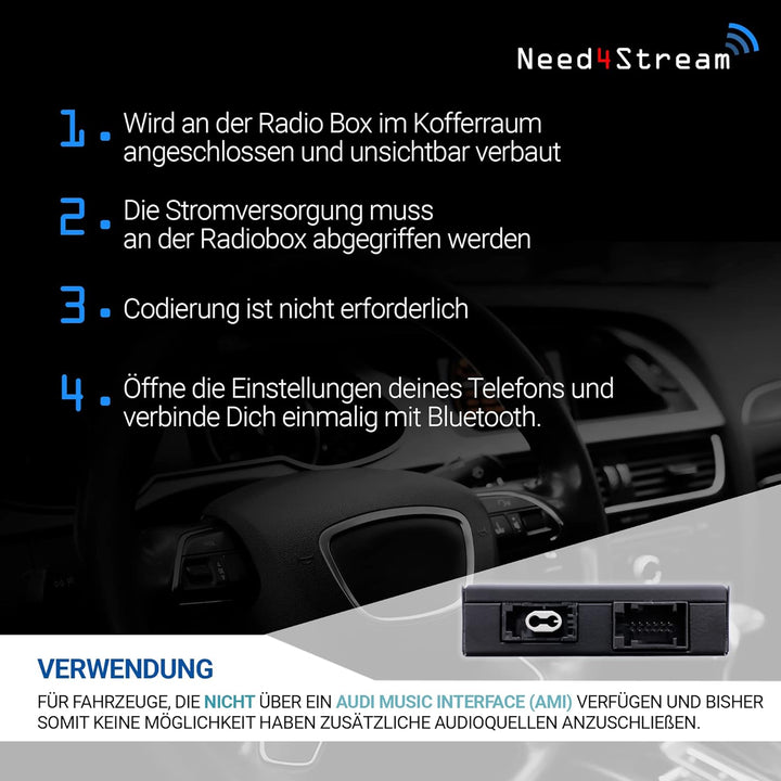 Need4Stream Bluetooth Audio Interface mit Titelanzeige, N4S73615 A2DP, kompatibel mit Audi MMI 3G, A