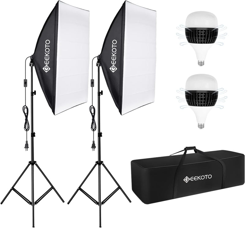 GEEKOTO Softbox Set Fotostudio 50 x 70cm, Dauerlicht Studioleuchte Set mit 2 Softboxlampen E27 85W 5