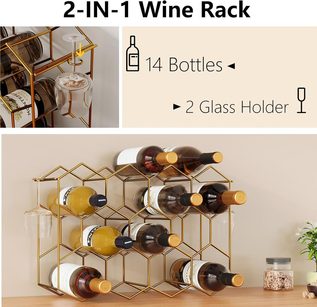 Urban Deco Weinregal für 14 Flaschen aus Metall, Flaschenregal Gold mit 2 Haken für 2 Weingläser, We