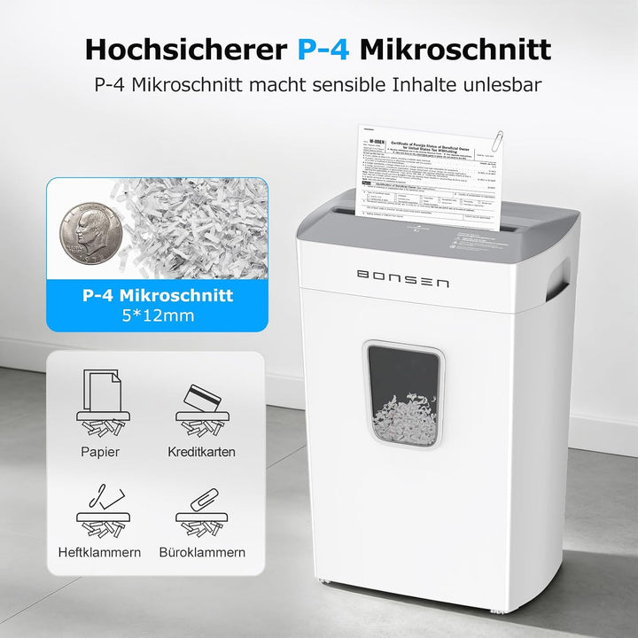 BONSEN Aktenvernichter Mikroschnitt 12 Blatt, Leise 60dB, S5211-W | 21L Behälter, P-4 Sicherheitsstu