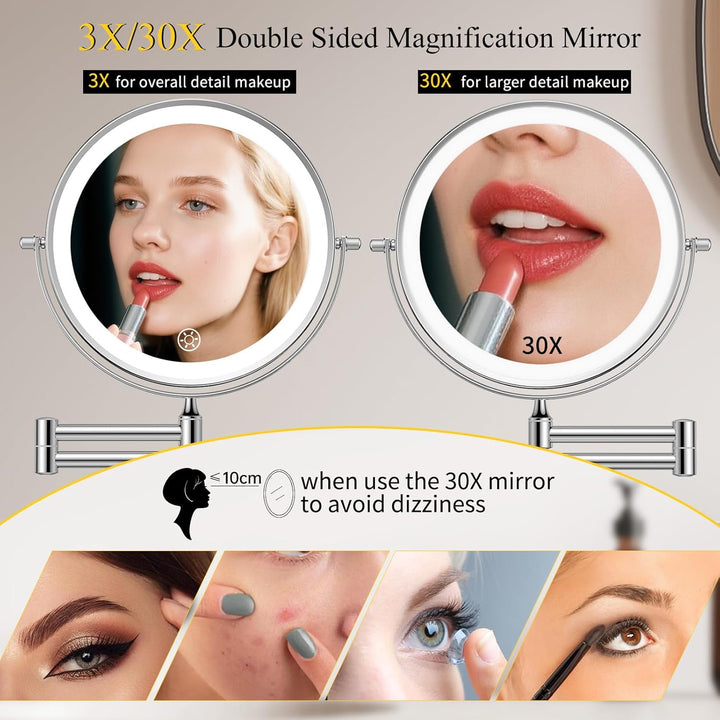 FUNTOUCH Wiederaufladbar Kosmetikspiegel mit Beleuchtetung, 3X 30X Vergrösserung Wandmontage, Dimmba
