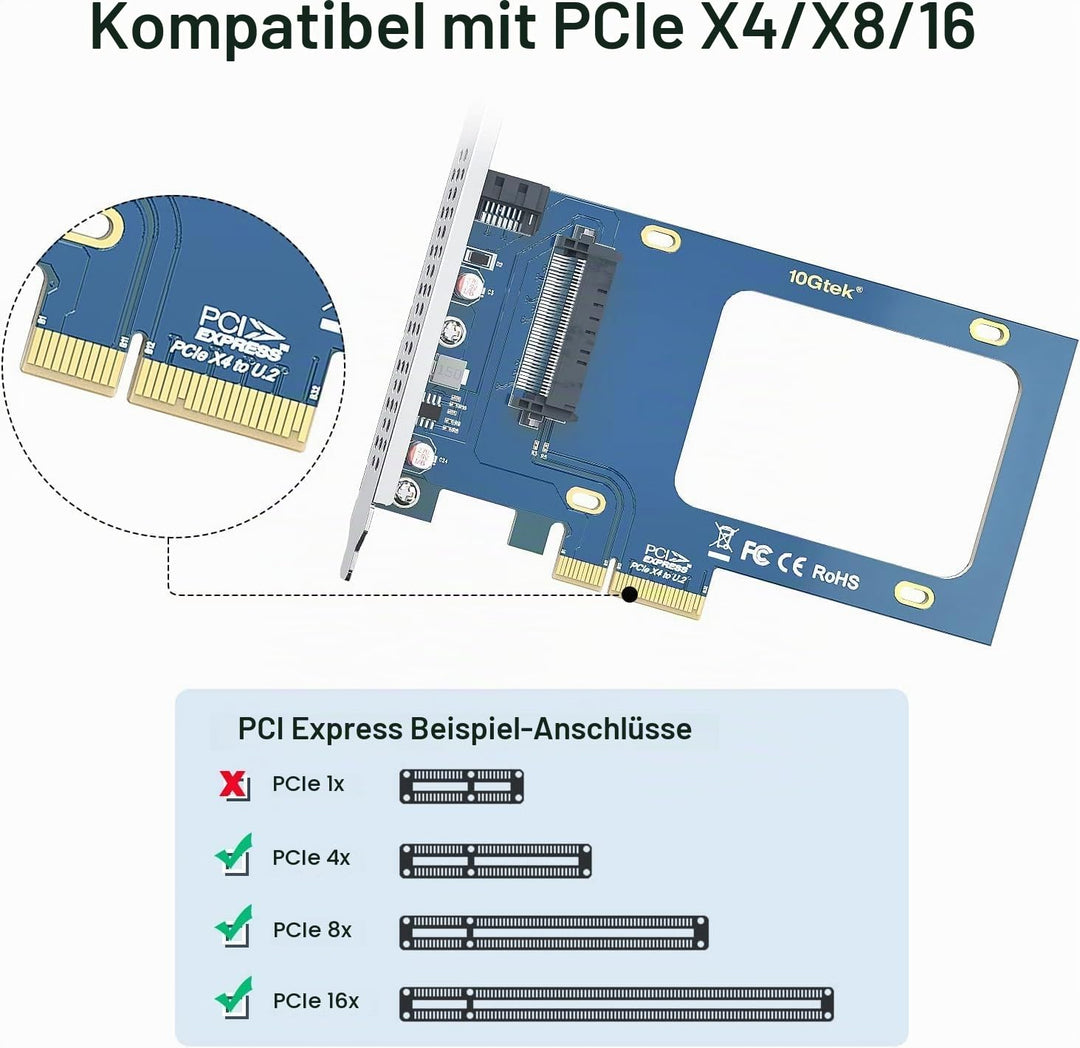 U.2 SFF-8639 auf PCIe Adapter, PCIe 3.0 X4 Erweiterungskarte für 2.5’’ U.2 NVMe SSD or 2.5" SATA SSD