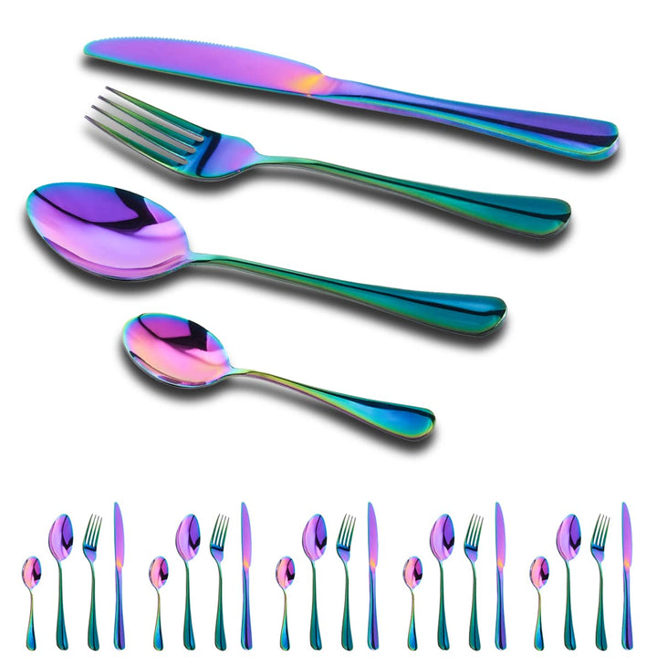Regenbogen Besteck Set 6 Personen,24 Teilig Besteckset，Inkl Messer,Gabel LöFfel Und DessertlöFfel,Be