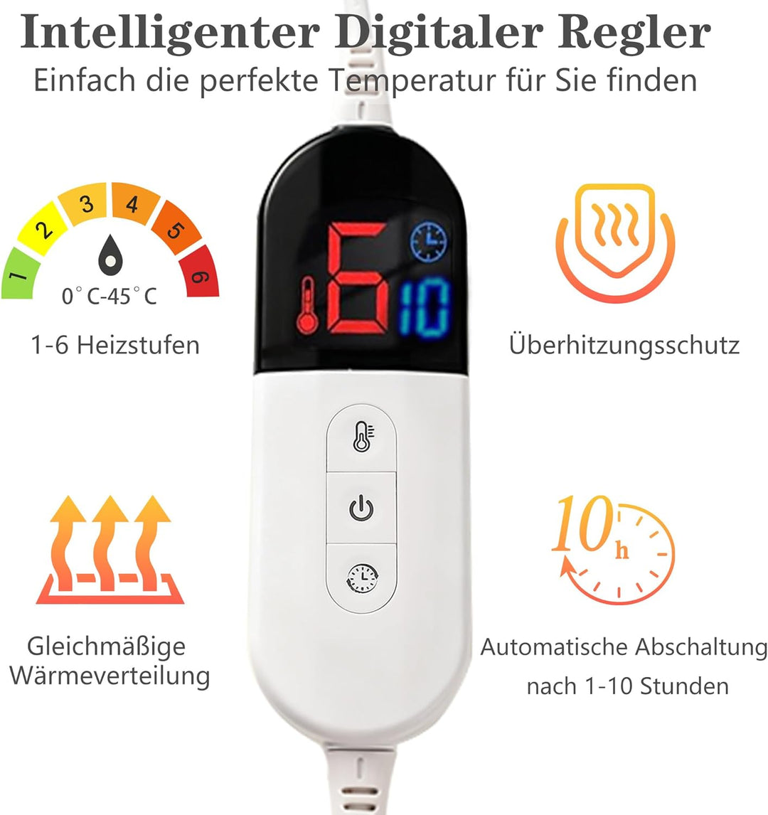 Heizdecke mit Abschaltautomatik 130x180cm – Flanell Elektrische Wärmedecke, 6 Heizstufen &10-Std. Ab