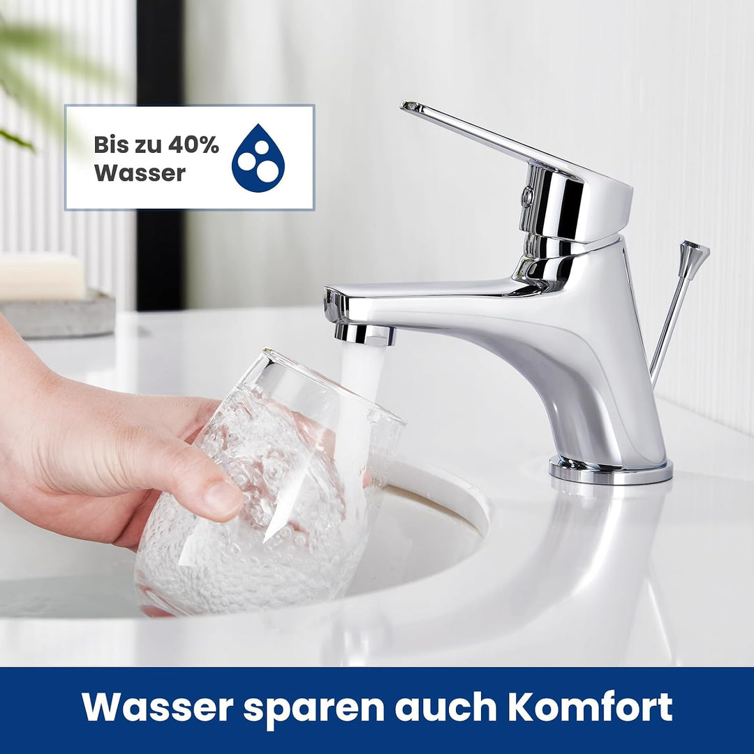 CECIPA Waschtischarmatur Bad mit Zugstange, Wasserhahn für Waschbecken mit Ablaufgarnitur, Mischbatt