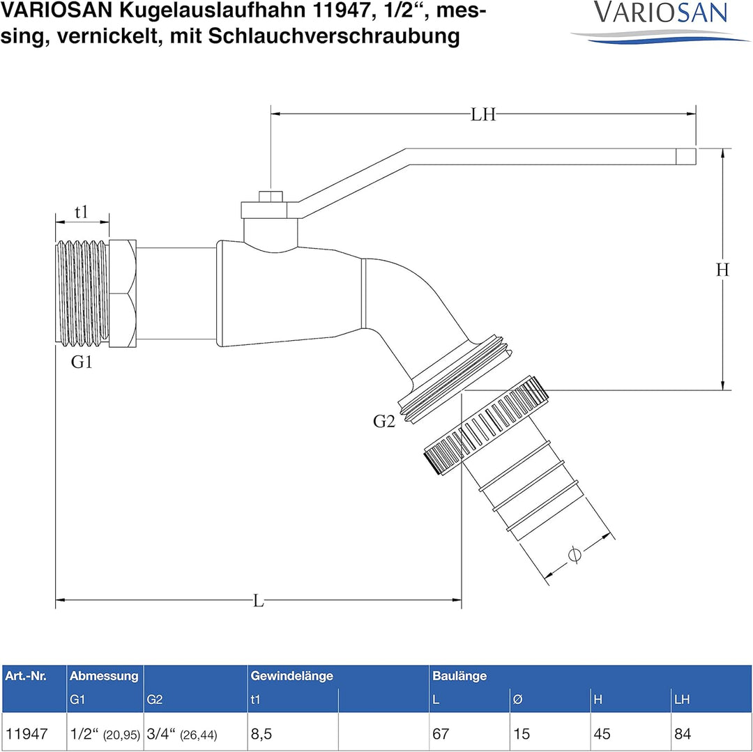 VARIOSAN Regentonnendurchführung + Kugelauslaufhahn Set 16935, 1/2", Messing 1/2" + Auslaufhahn, 1/2