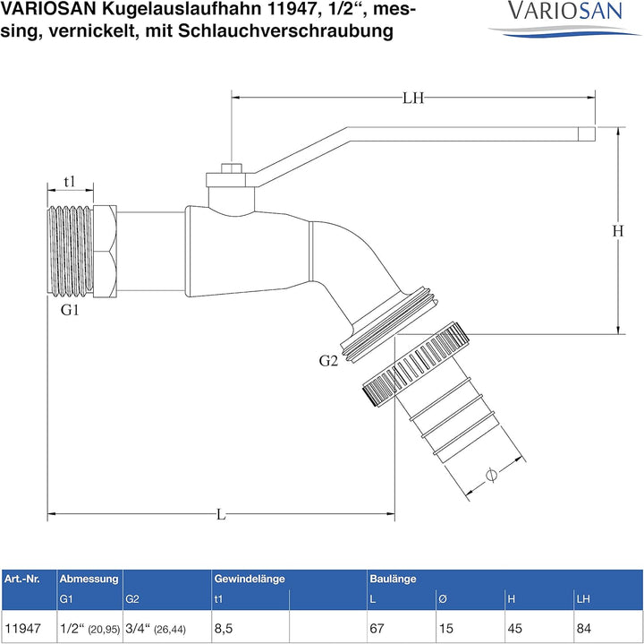 VARIOSAN Regentonnendurchführung + Kugelauslaufhahn Set 16935, 1/2", Messing 1/2" + Auslaufhahn, 1/2