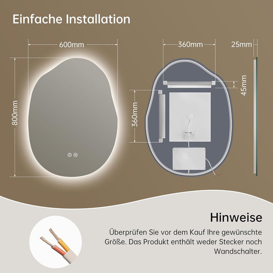 Spiegel mit Beleuchtung Asymmetrischer LED Badspiegel 60 x 80 cm mit Touch-Schalter, Dimmbar 3 Licht