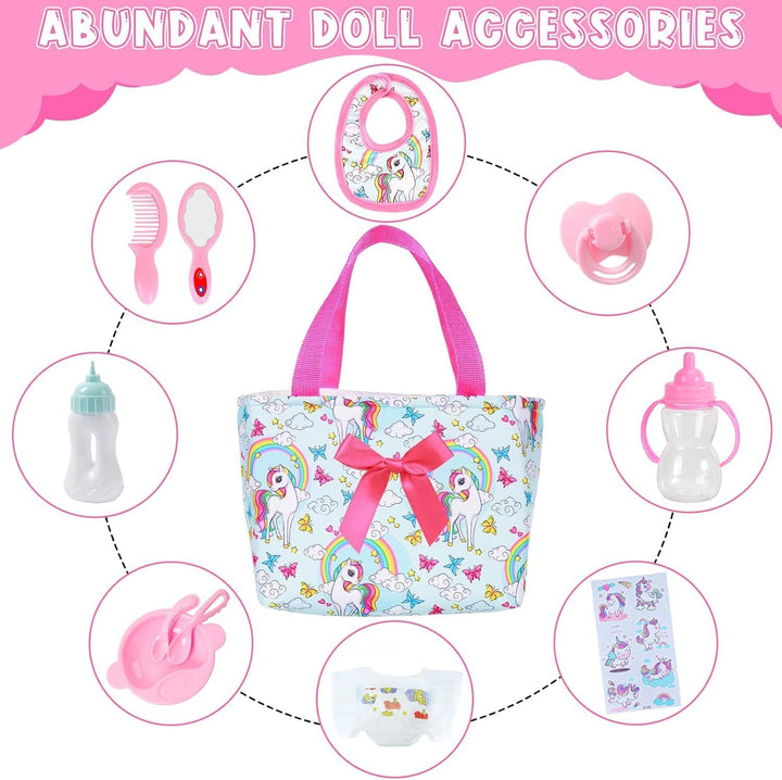 Babypuppe Zubehör Set – 13-teilig mit Puppenwickeltasche Kleid Kamm Spiegel Windel Lätzchen Aufklebe