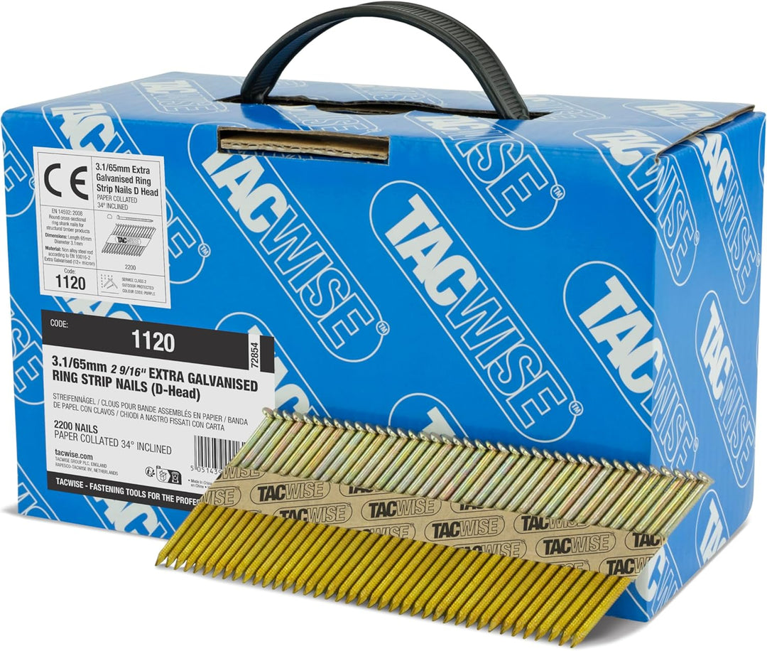 TACWISE 1120 Extra verzinkte Rahmennägel, 3,1/65 mm, D-Kopf, Ringschaft, 34°-Neigung, papiergebunden