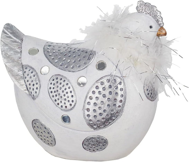 ROCKING GIFTS Dekofigur Henne aus silbernem und weissem Harz mit Federn, rustikale Innendekoration,