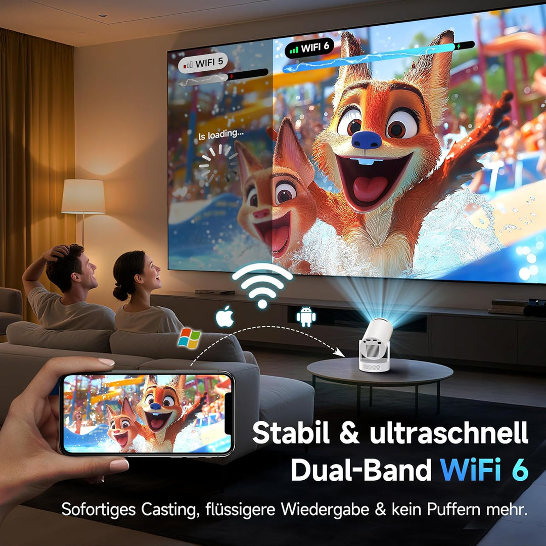 Mini Beamer, Philoent Smart Projektor 4K/1080P Unterstützt Neueste Apps WiFi 6 Bluetooth 5.4 Auto Sc
