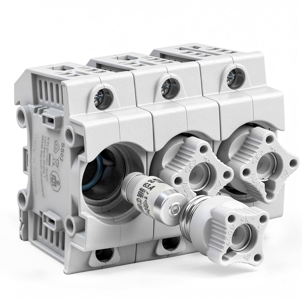 grenda-hammer® | Neozed Sicherungssockel mit Schraubkappen und 3x Schmelzsicherungen (D02-3x63 Ampèr