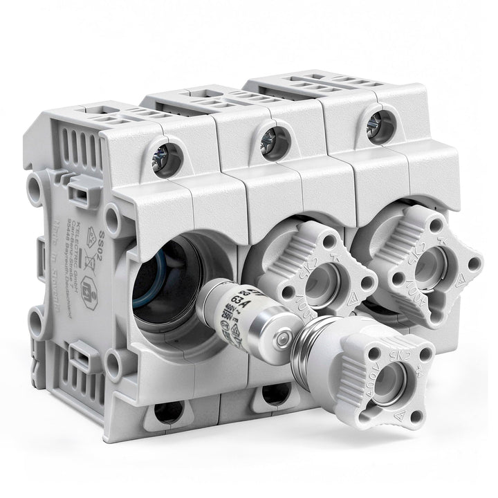 grenda-hammer® | Neozed Sicherungssockel mit Schraubkappen und 3x Schmelzsicherungen (D02-3x63 Ampèr