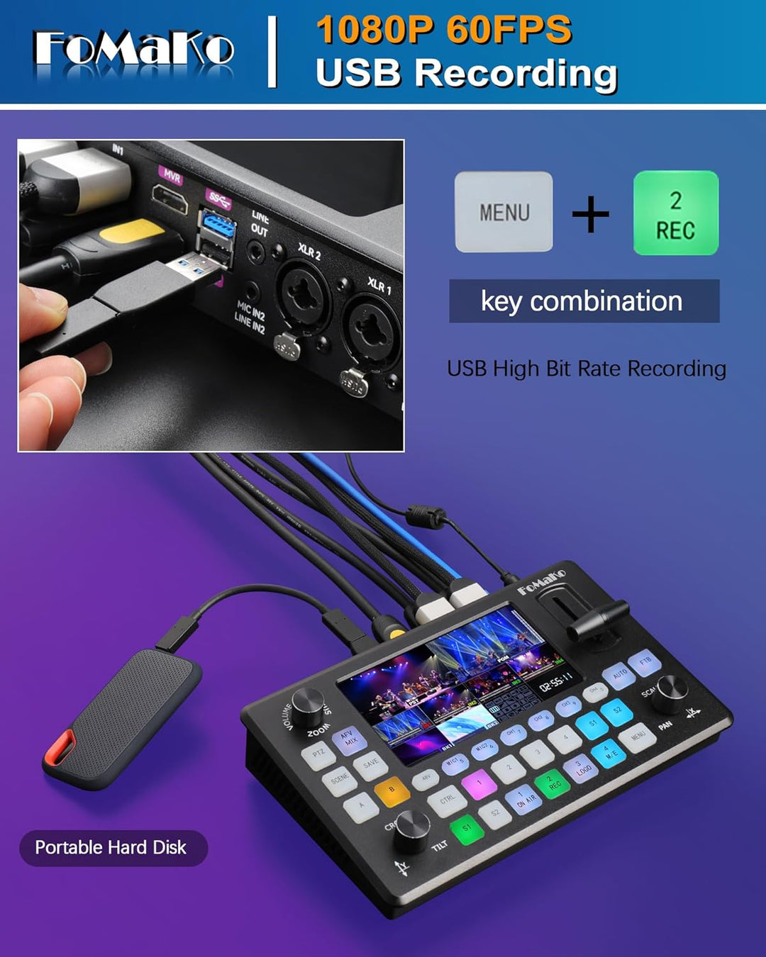 FoMaKo Video Switcher HDMI 4-Kanal für Multikameras, Video Mixer mit 5.5-Zoll LCD Bildschim, 1080P 6