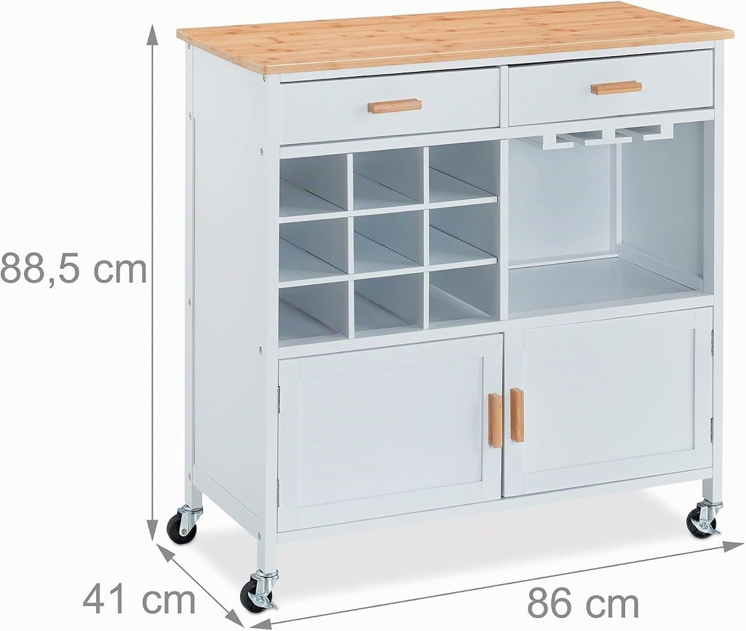 Relaxdays Küchenwagen, HxBxT: 88,5 x 86 x 41 cm, Arbeitsplatte, Weinregal, Gläserhalter, Küchenschra