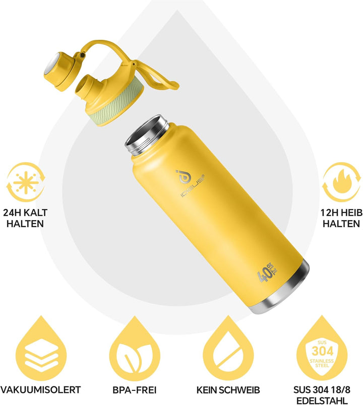 IDEUS Vakuumisolierte Wasserflasche, 40oz (1140 ml) Edelstahl Doppelwand Flasche Metall Sport Kantin