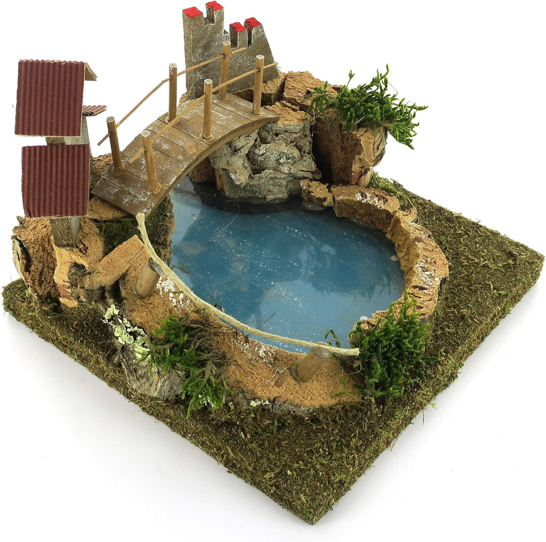 Bertoni Miniatur Mountain Lake mit Brücke und Baum, Holz, Mehrfarbig, 20 x 20 x 14 cm