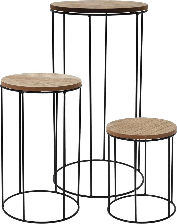 Holz Blumenhocker rund 3er Set - Ø 16 / 18 / 21 cm - Pflanzenständer mit Metall Gestell - Blumensäul