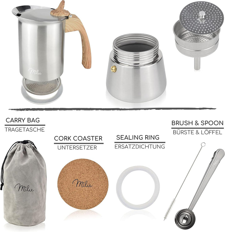 Milu Espressokocher Induktion geeignet | 2, 4, 6, 9 Tassen | Edelstahl Mokkakanne, Espressokanne, Es
