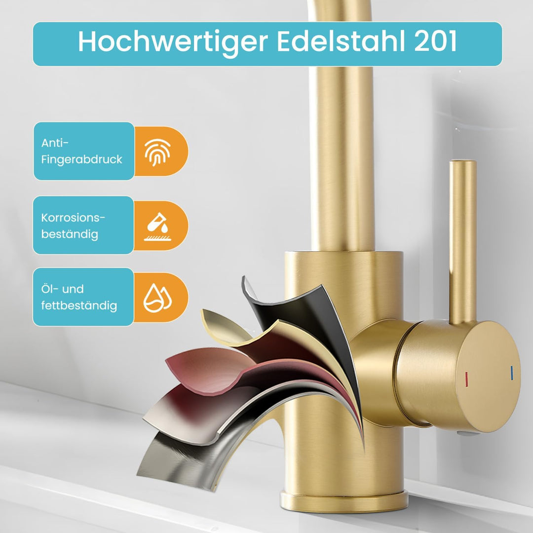 Wasserhahn Bad,Badarmatur/Küche Klein,360°drehbar,Einhebelmischer,Edelstahl Waschbeckenarmatur Gold
