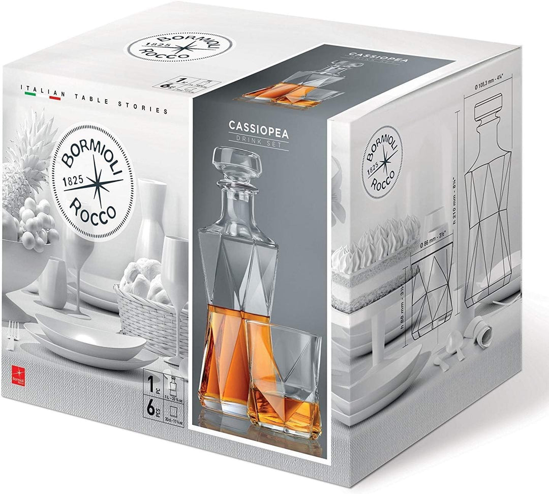 Bormioli Rocco Whiskey-Set Cassiopea (Dekanter mit 6 Gläsern, Geschenkset, Dekanterinhalt 1 Liter, G