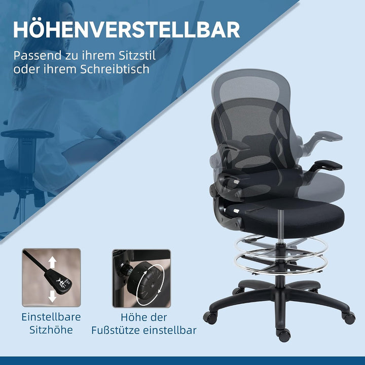 Vinsetto Bürostuhl Ergonomischer Zeichenstuhl 102-122 cm Schwarz
