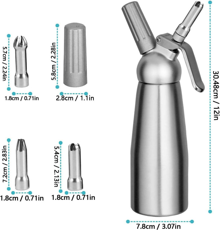 Fockety Professioneller Schlagsahne -Spender, 500 Ml Aluminiumcreme Whipper mit 3 Dekorationsdüsen u
