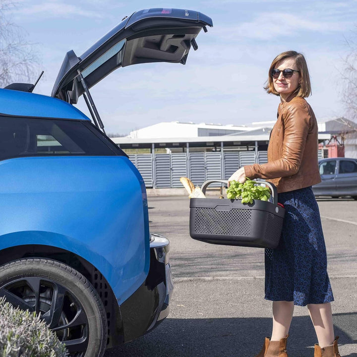 rati Basket - Grau, Smarter Auto Korb zum Einkauf & Outdoor-Aktivitäten, mit Befestigungsadapter zum