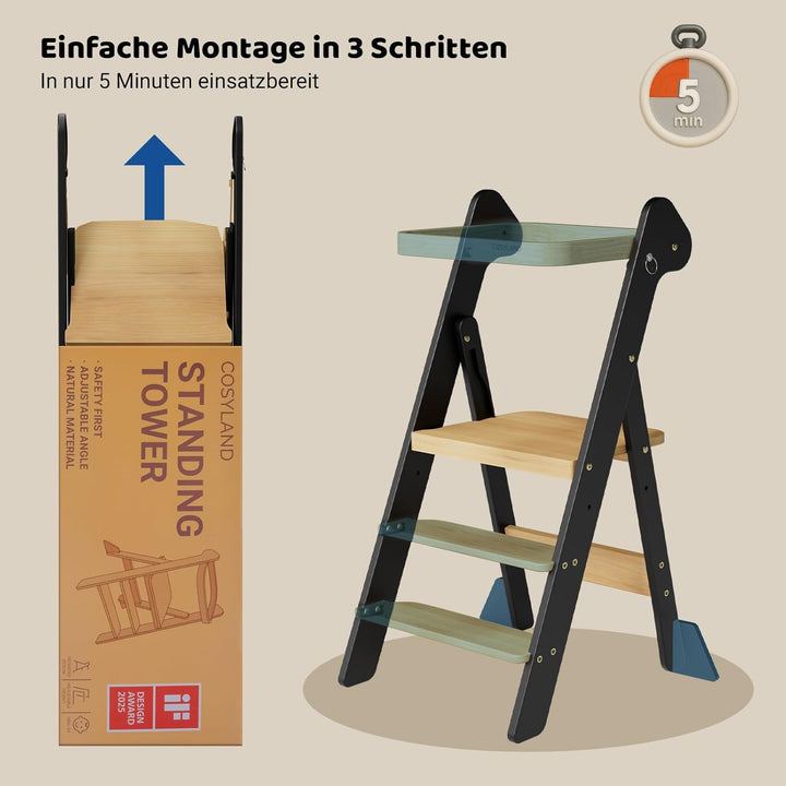 COSYLAND Lernturm ab 1 Jahr klappbar – iF Design Award Gewinner, höhenverstellbarer Lernturm mit Sic