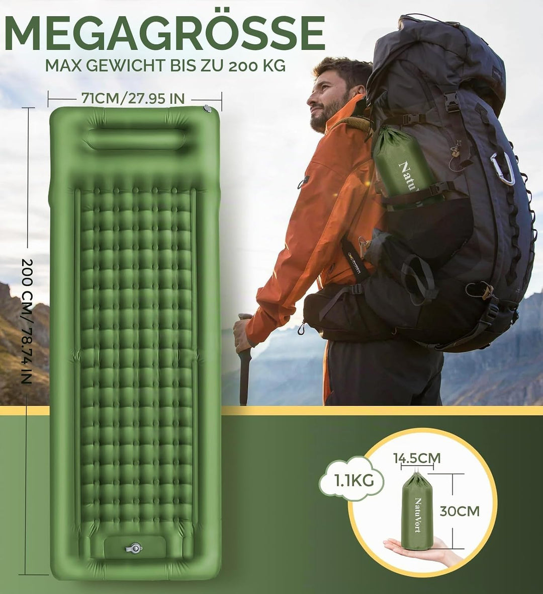 Luftmatratze Camping Matratze 12CM mit Fusspumpe Isomatte Camping mit Integrierten Kopfkissen für Ca