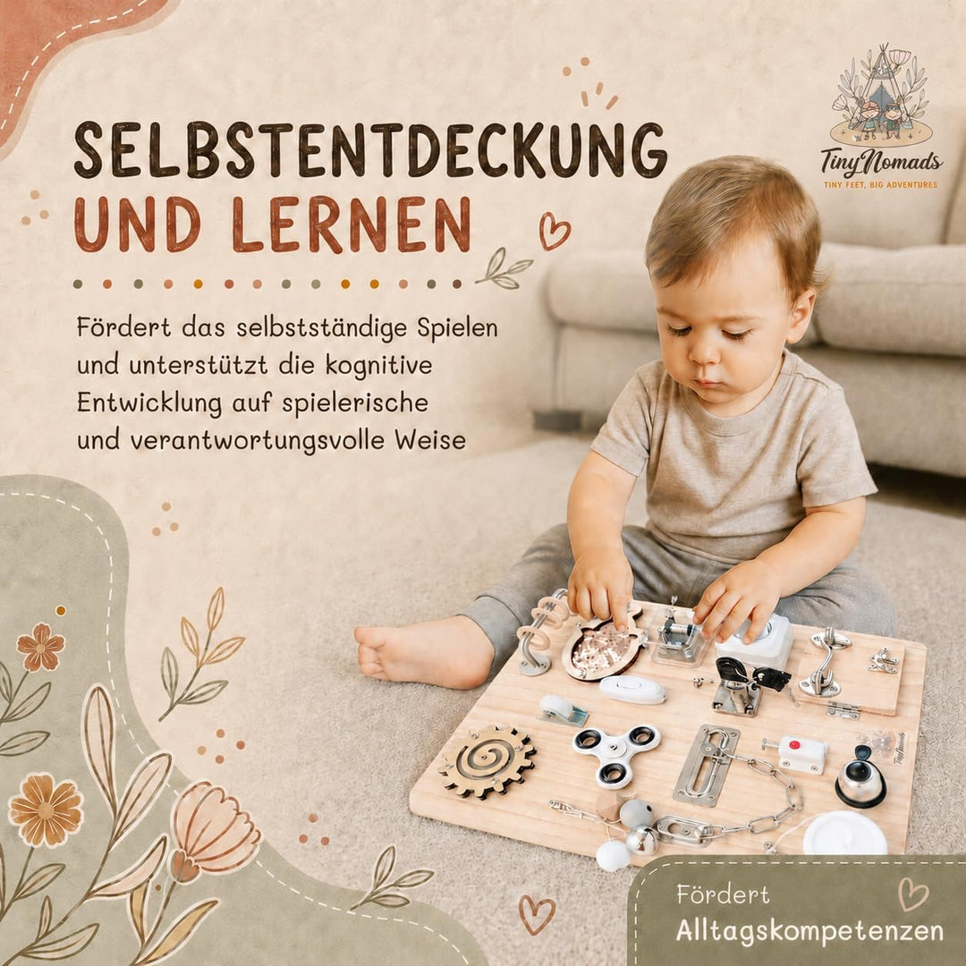 Tiny Nomads Montessori Busy Board motorikbrett ab 1 2 3 4 Jahr - Motorikboard für Baby Sensorik Acti