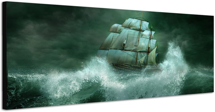 Paul Sinus Art Panoramabild auf Leinwand und Keilrahmen 150x50cm Meer Wellen Sturm Segelschiff Nacht