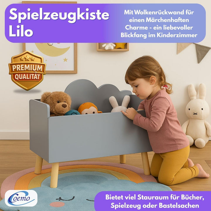 Spielzeugkiste Grau Kinderzimmer Lilo 28x58x44 cm – Aufbewahrungskiste mit Wolkenoptik, robuste MDF-