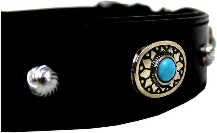 MICHUR Alonzo Hundehalsband Leder Schwarz Breit, Lederhalsband, Halsband, Blaue Steine MIT RUNDNIETE