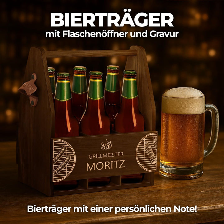 Maverton Bierträger für 6 Flaschen 0,5L + Gravur - Männerhandtasche mit Flaschenöffner - Grösse: 25x