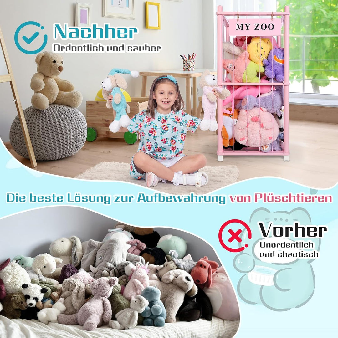 Massivholz Kuscheltier Aufbewahrung mit 360° Rollen & Bremse – inkl. Baumwollnetz, Plüschtier Organi