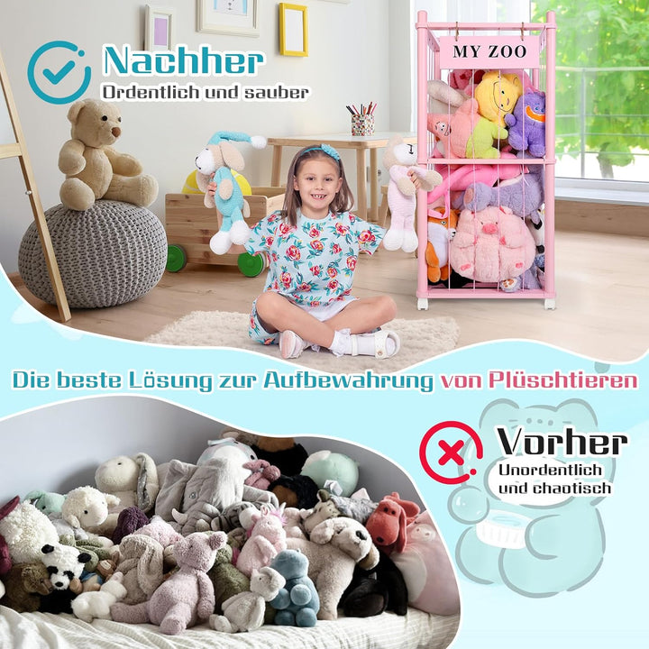 Massivholz Kuscheltier Aufbewahrung mit 360° Rollen & Bremse – inkl. Baumwollnetz, Plüschtier Organi