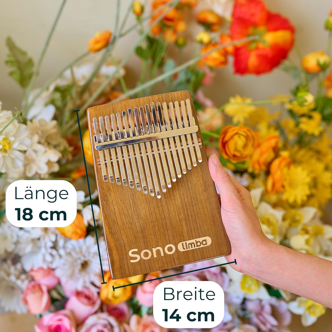 Kalimba "Sonolimba" mit 17 Schlüsseln in C - Dur aus Walnussholz - Daumenklavier inkl. Set mit Liede