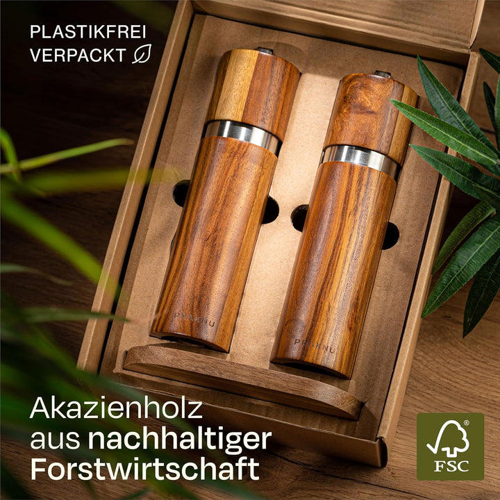 Salz und Pfeffermühle aus Akazienholz mit Untersetzer - Nachhaltiges FSC® Holz - Langlebiges Keramik