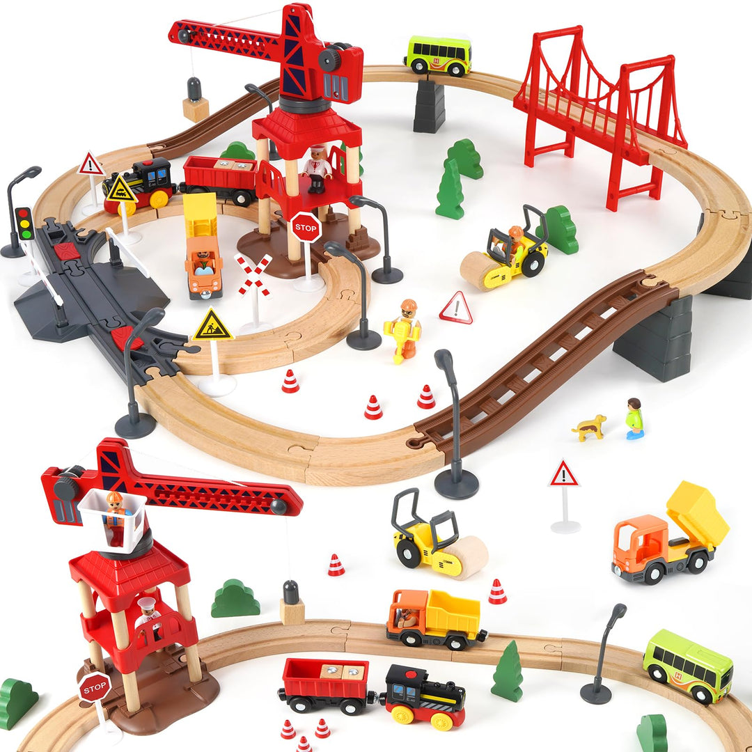 86PCS Holzeisenbahn Set mit Kran, Eisenbahn Holz mit Kran Spielzeug, Holz Eisenbahn Kinder, Passend