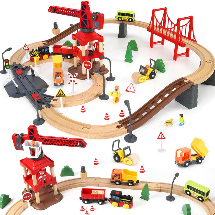 86PCS Holzeisenbahn Set mit Kran, Eisenbahn Holz mit Kran Spielzeug, Holz Eisenbahn Kinder, Passend