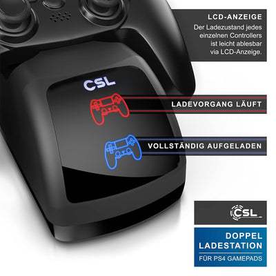 CSL - Ladestation für PS4 Gamepads – mit Mikro USB Ladekabel – PS4 Ladegerät - Doppeltes Schnelllade