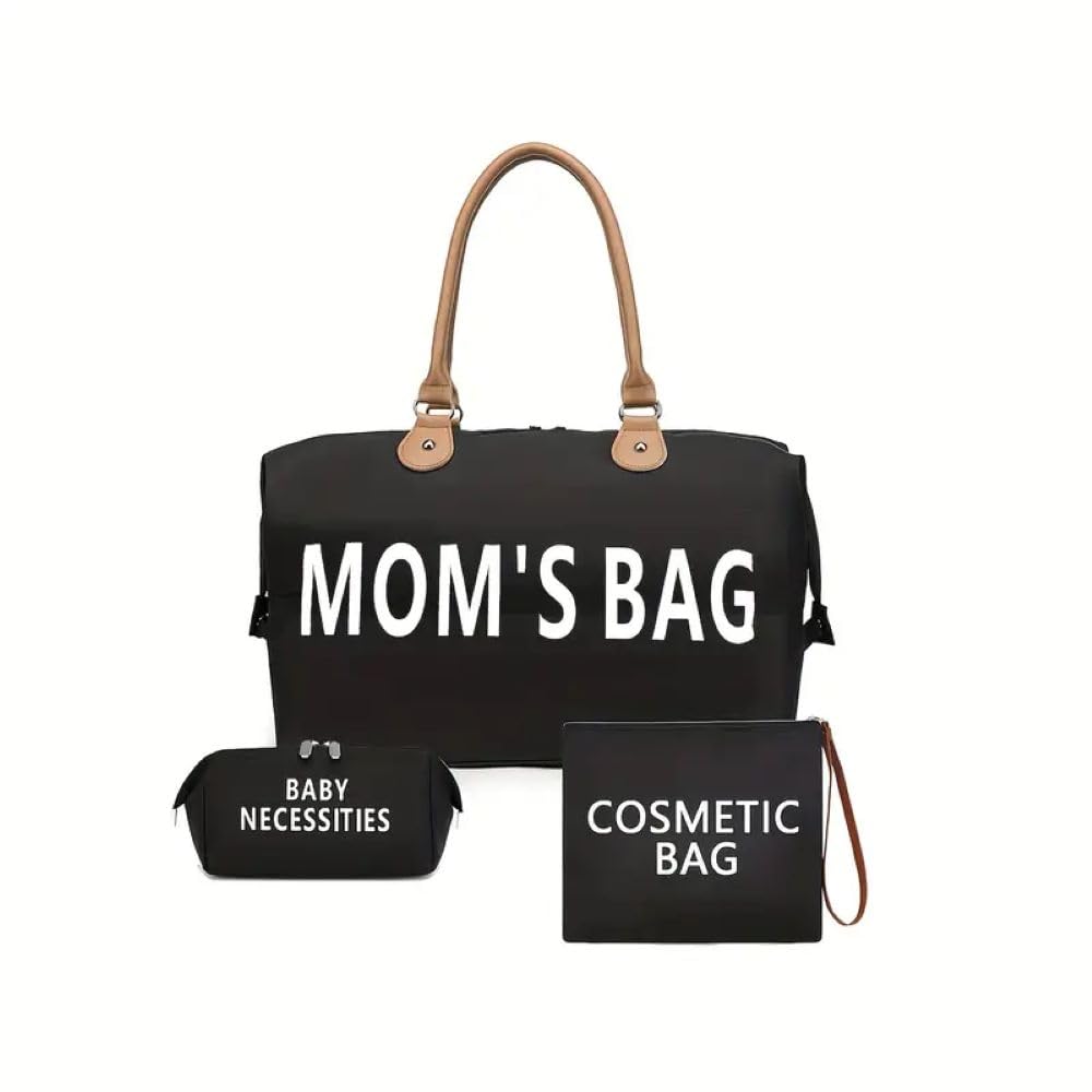 Moms Bag, Wickeltasche, Reisetasche 3er Set Schwarz, Schwarz