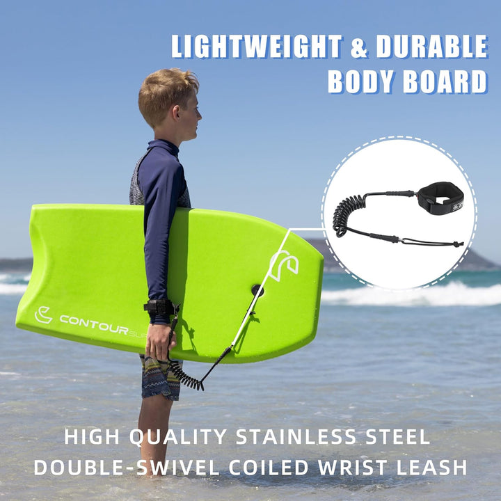 Body Boards for Beach Lightweight Durable Body Board with EPS Core Dual Channel Double Swivel Coiled