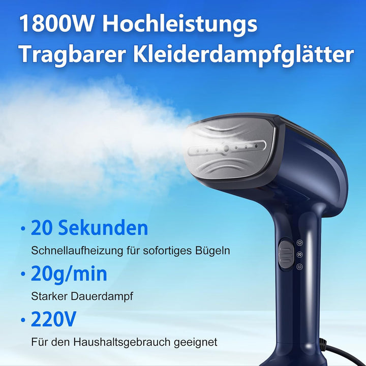 1800W Tragbarer Dampfglätter für Kleidung, 20-Sekunden Aufheizzeit | 2-in-1 Bügeleisen &amp; Faltenentfe
