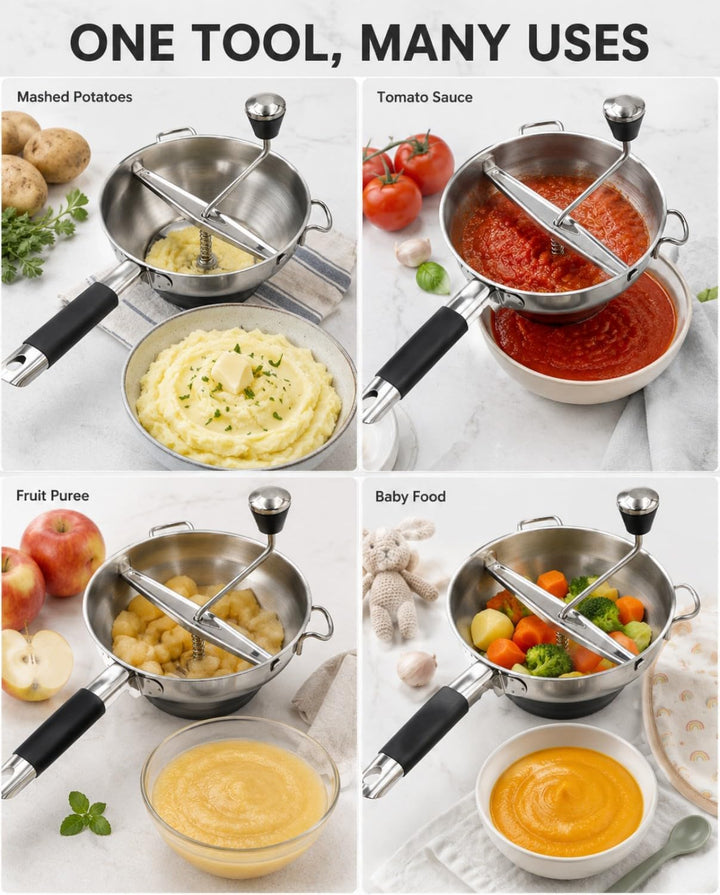 Lebensmittelmühle Hand mit 3 Sieben (2/3/7 mm) - Getriebenhammer für Kartoffeln, Muss, Marmeladen un