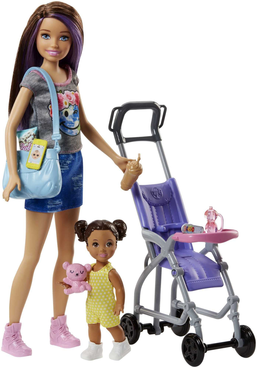 Barbie Skipper Babysitter Inc, Skipper mit braunen und lila Haaren, Baby mit braunen Zöpfen, Kinderw