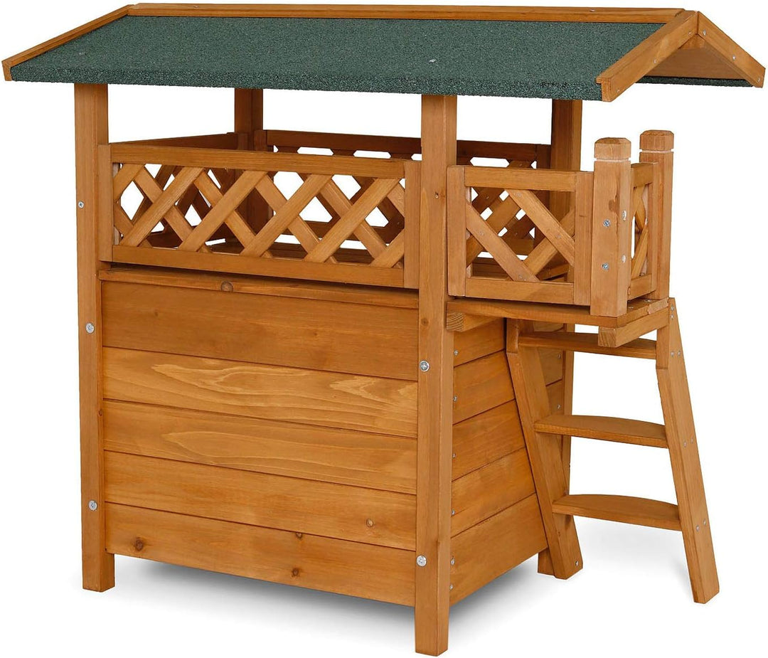 lionto Katzenhaus mit Terrasse und Treppe, Outdoor Lodge für Katzen aus robustem Holz bietet Schutz