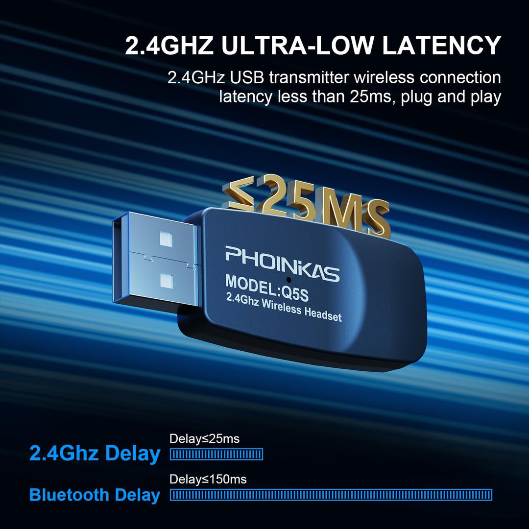 PHOINIKAS Gaming-Headset Wireless, Kabelloses Gaming-Kopfhörer, 2.4GHz-Dongle für PS4/PS5/PC, 7.1-St